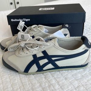 New Onitsuka Tiger Mexico 66 ASICS Birch Peacoat Navy Blue Beige. Size 6 M-7.5 W